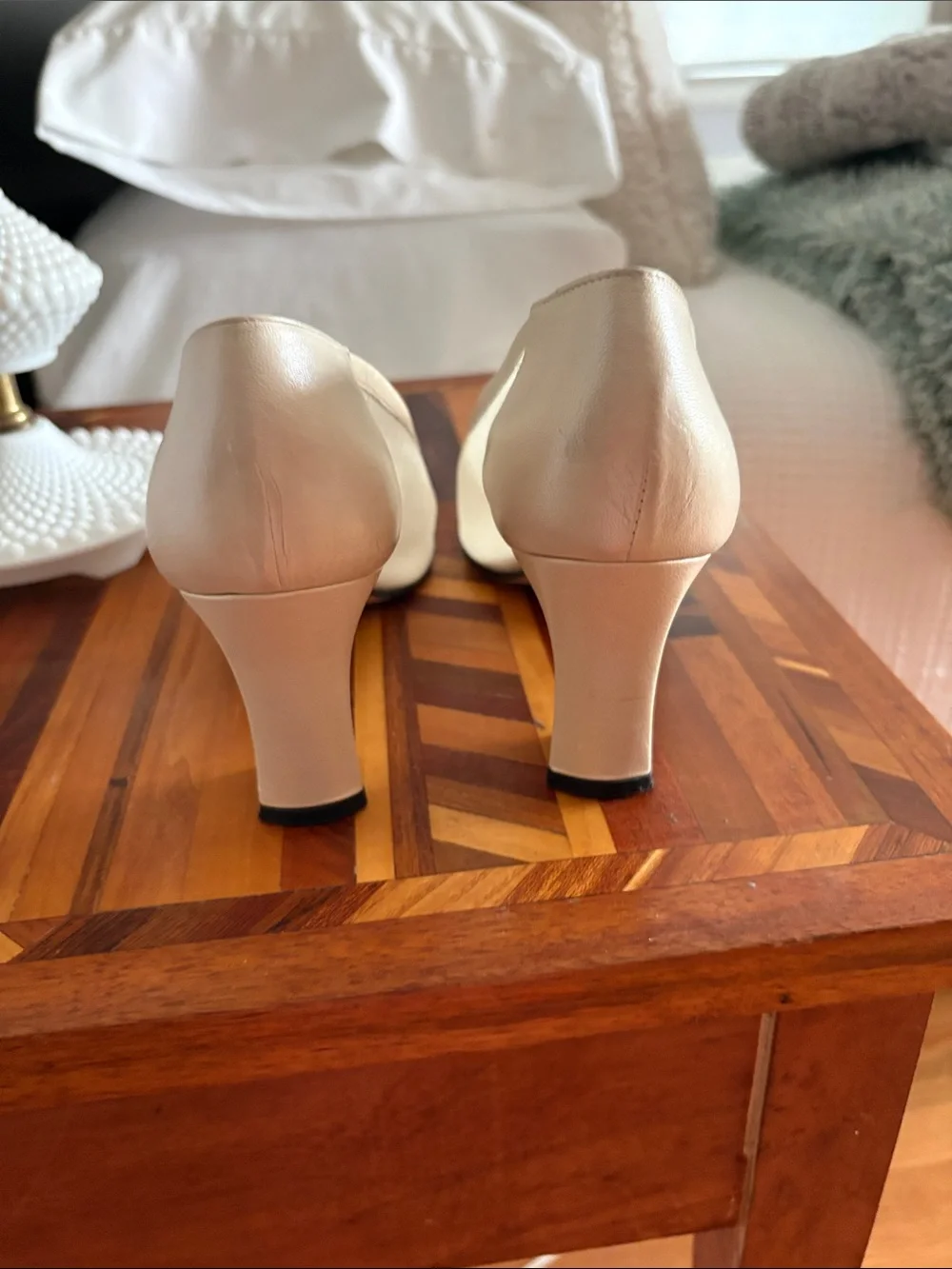 Sacha London Cream Peep-Toe Loafer Heels